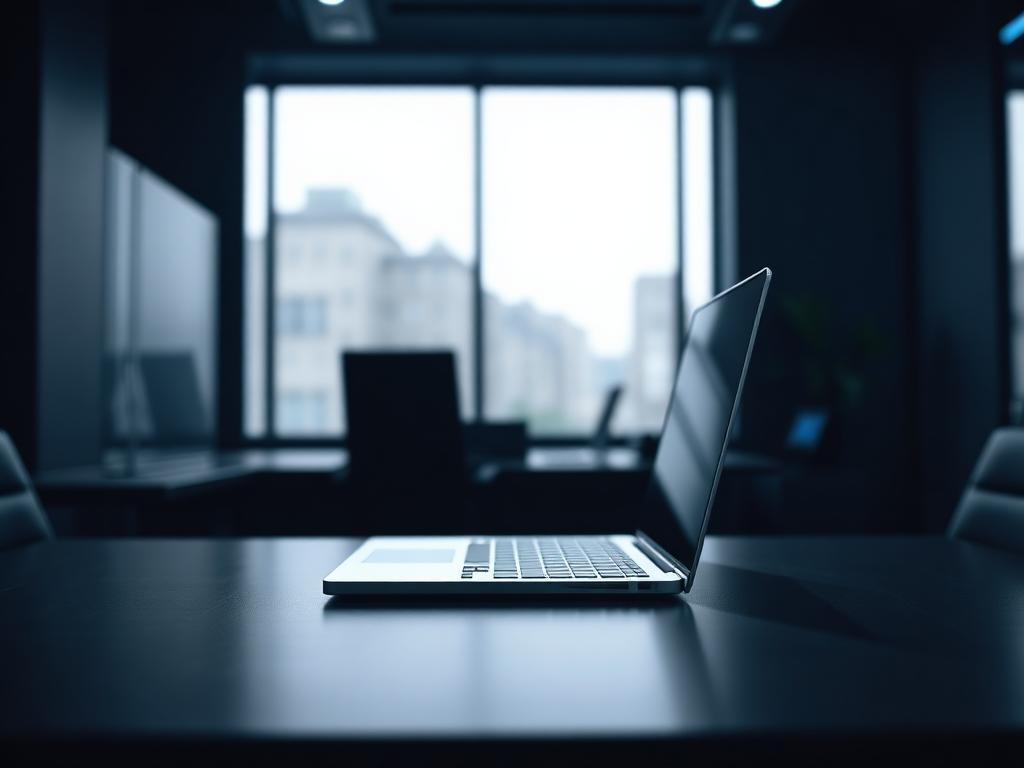 Notebook corporativo abierto sobre un escritorio oscuro en una oficina moderna